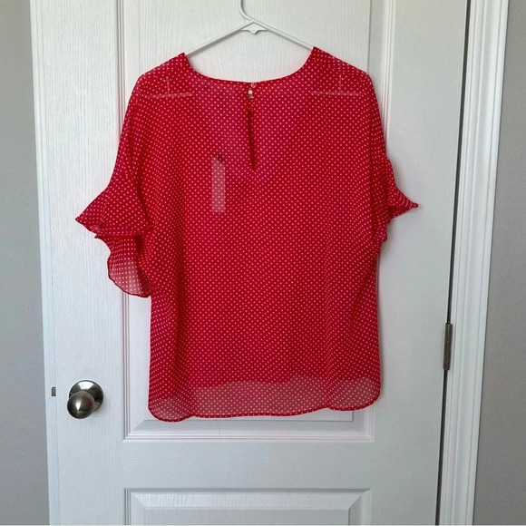 NWT Three Eighty Two Polka Dot Short Sleeve Sheer Top Size Large Red White - Picture 2 of 14